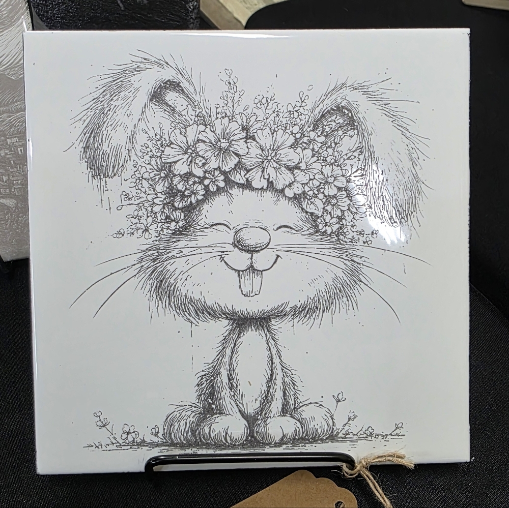 Whimsical Bunny Floral Tile Art - White 6 X 6